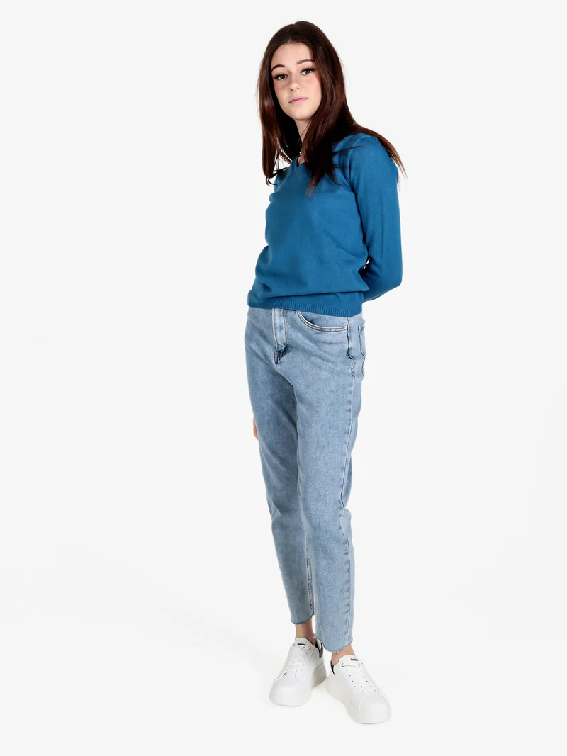 Pullover donna in maglia scollo V - blu