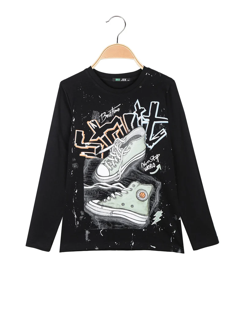 T-shirt da bambino a maniche lunghe con stampa - nero