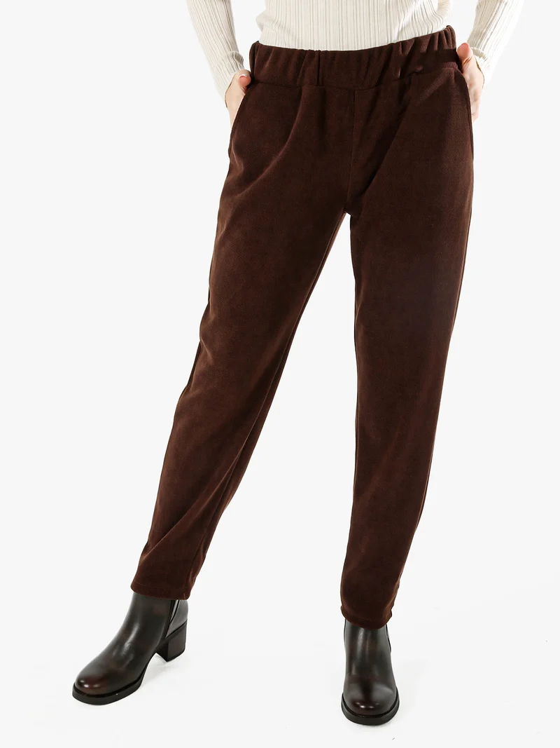 Pantaloni donna in velluto con elastico in vita - moro