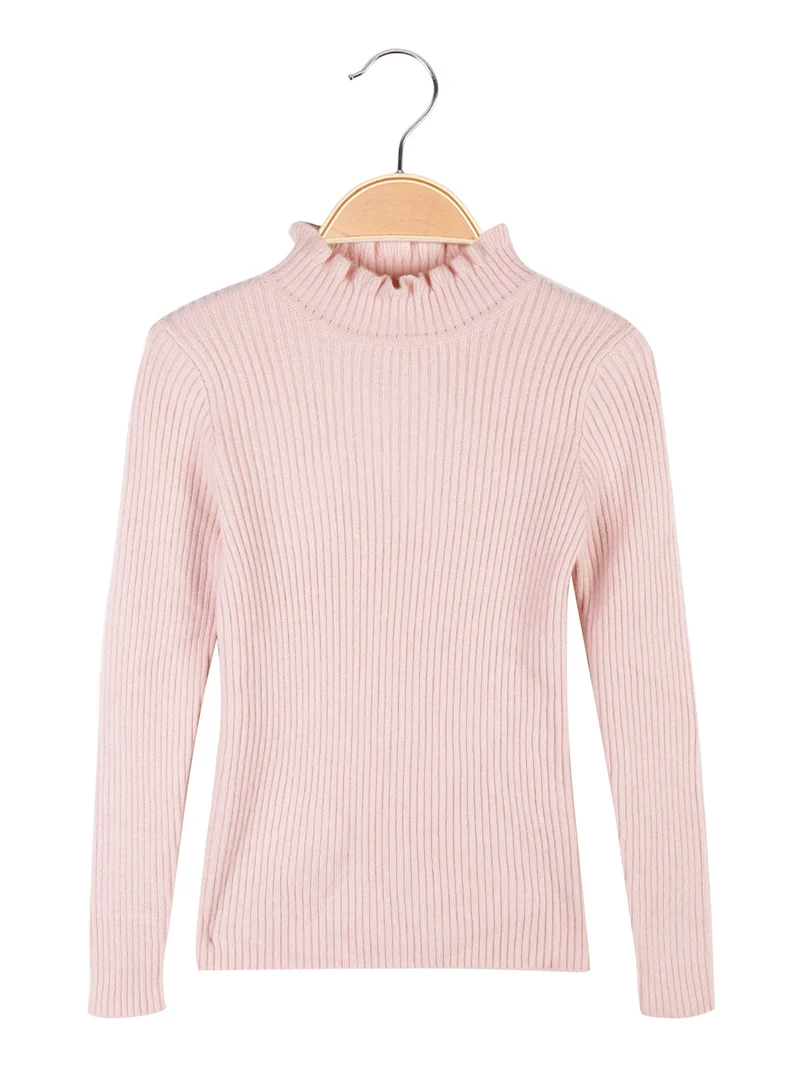 Maglione da bambina a costine con collo a lupetto - rosa