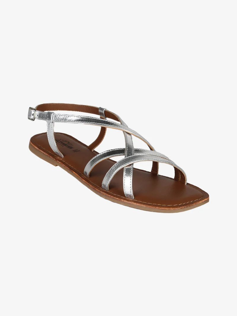 Sandali donna in pelle con fascette intrecciate - argento