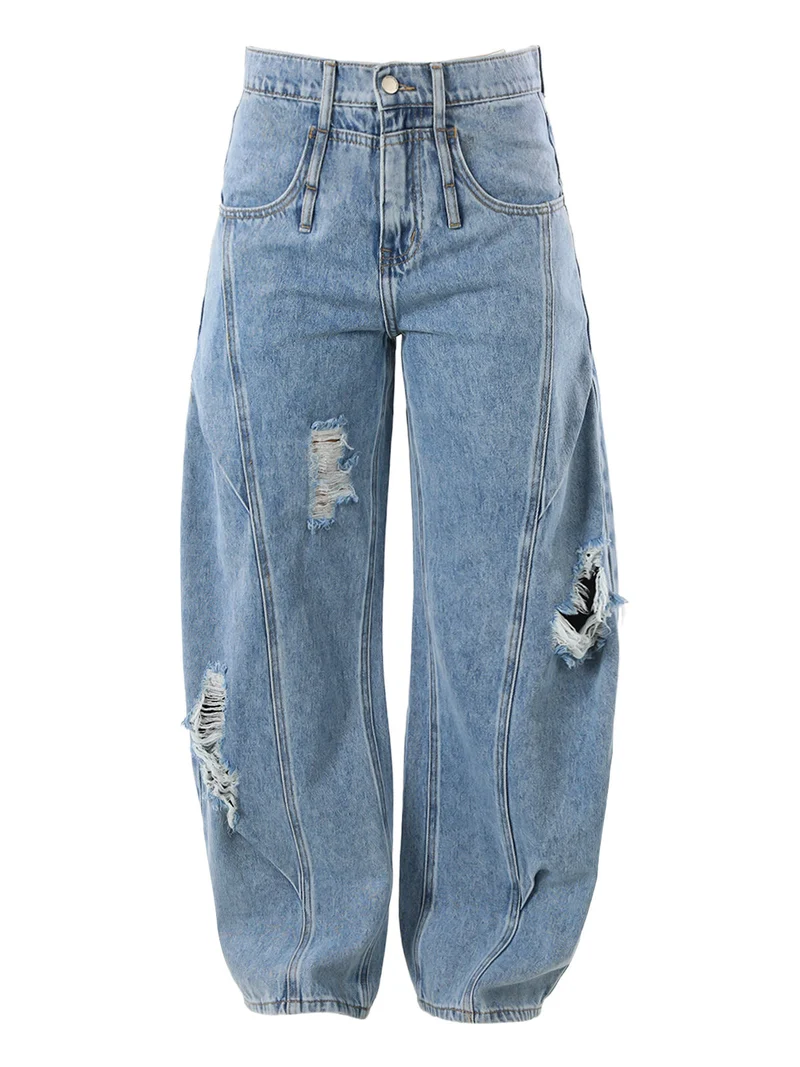 Jeans donna barrel con strappi a gamba larga - jeans