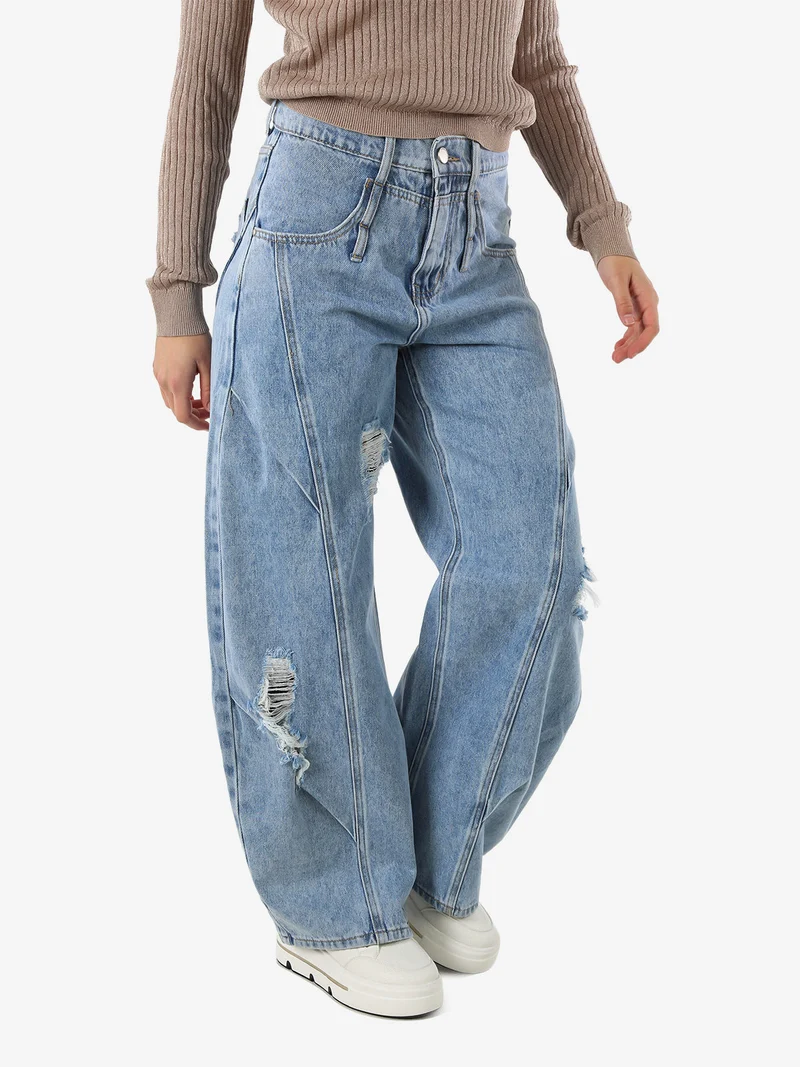 Jeans donna barrel con strappi a gamba larga - jeans