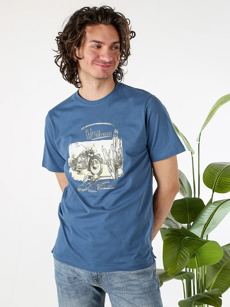 T-shirt in cotone da uomo con stampa - blu