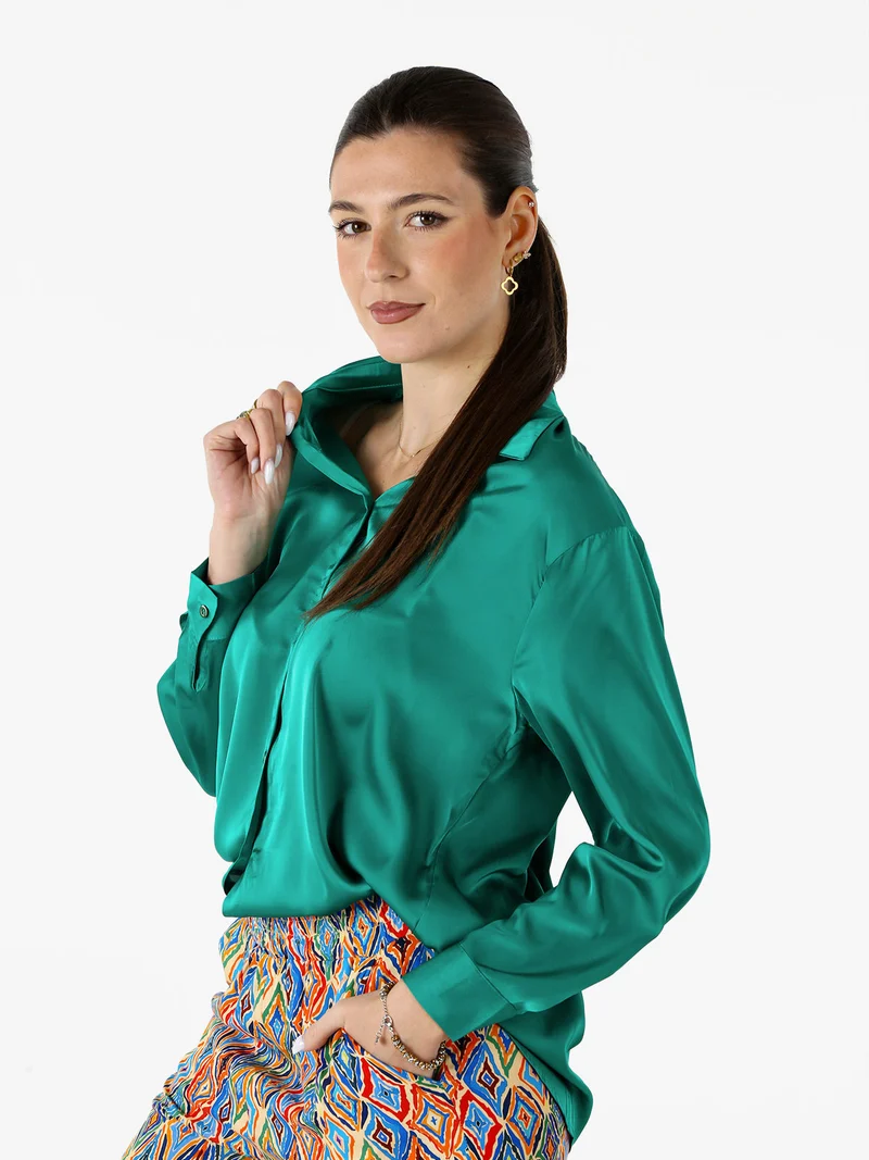 Camicia donna a maniche lunghe in tessuto simil raso - verde