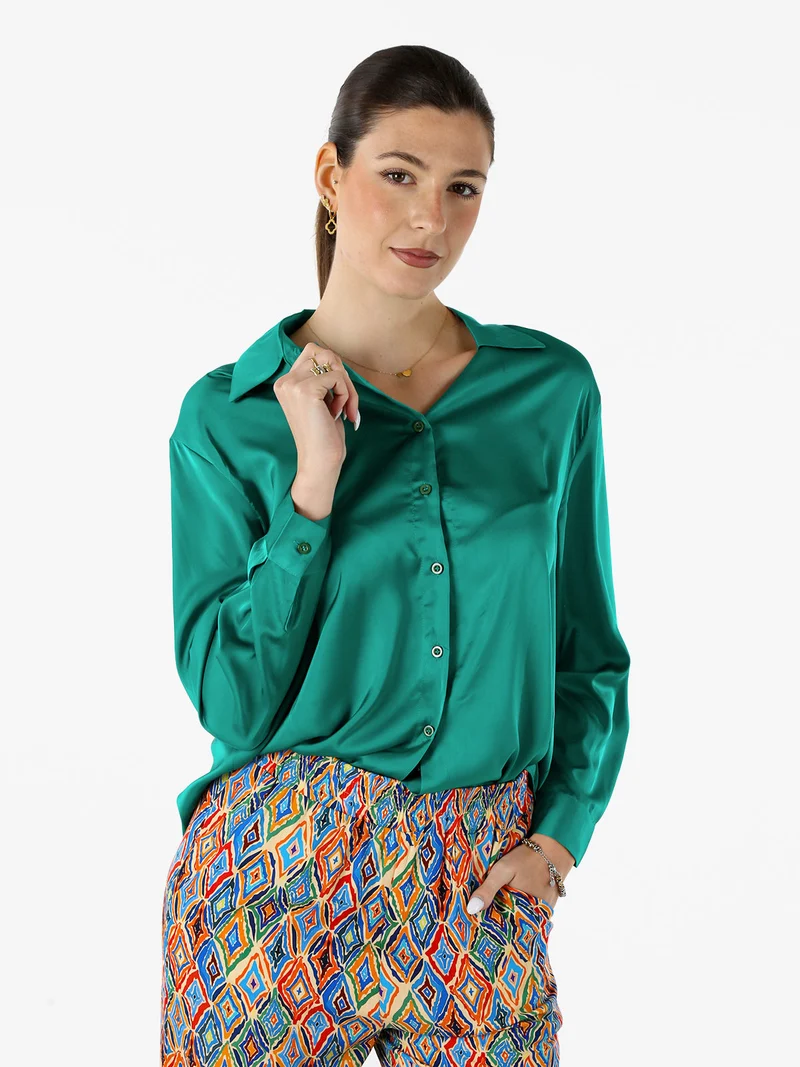 Camicia donna a maniche lunghe in tessuto simil raso - verde