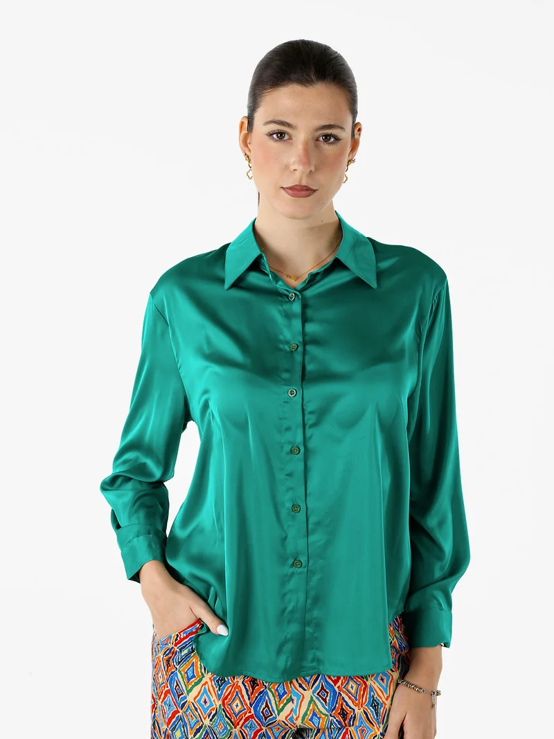 Camicia donna a maniche lunghe in tessuto simil raso - verde
