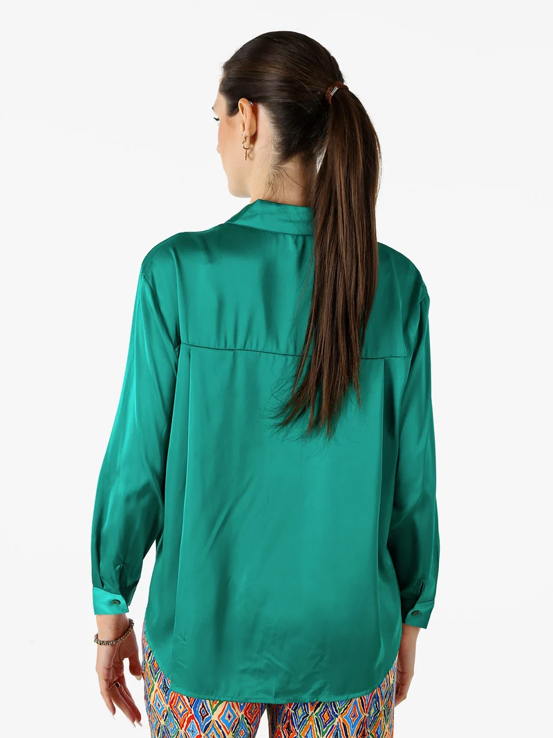 Camicia donna a maniche lunghe in tessuto simil raso - verde