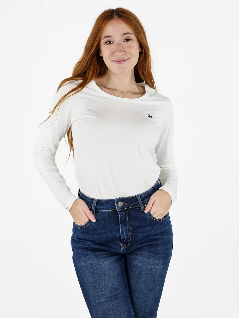 T-shirt girocollo da donna a maniche lunghe in cotone - bianco