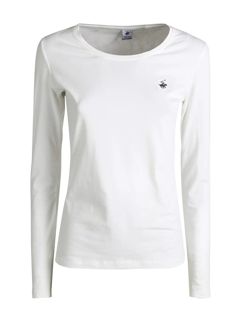 T-shirt girocollo da donna a maniche lunghe in cotone - bianco