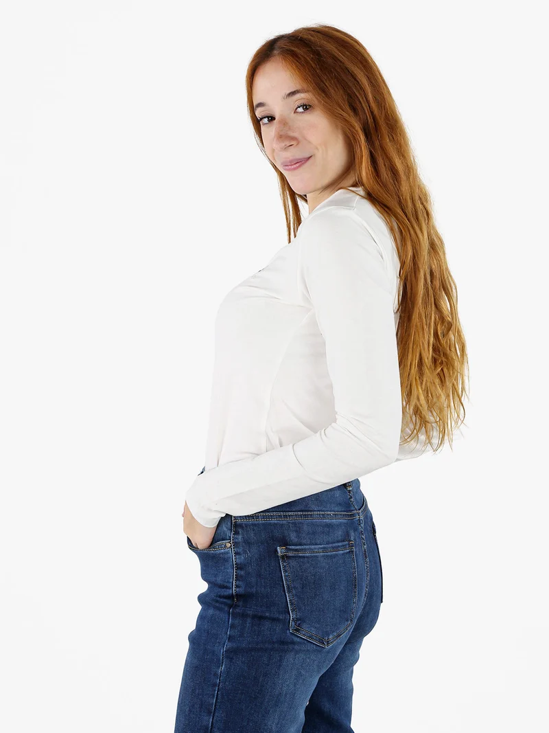 T-shirt girocollo da donna a maniche lunghe in cotone - bianco