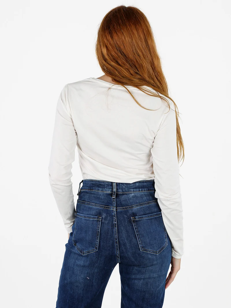 T-shirt girocollo da donna a maniche lunghe in cotone - bianco