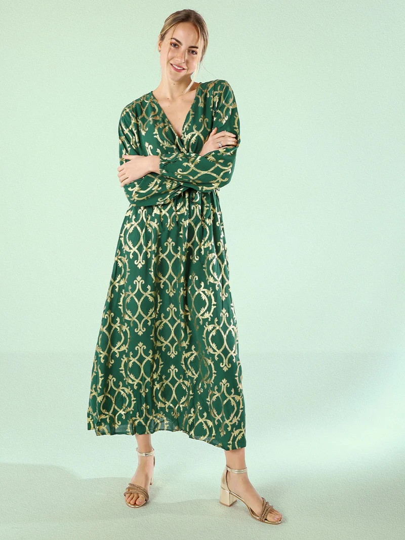 Abito lungo da donna a maniche lunghe con stampe e scollo a V - verde