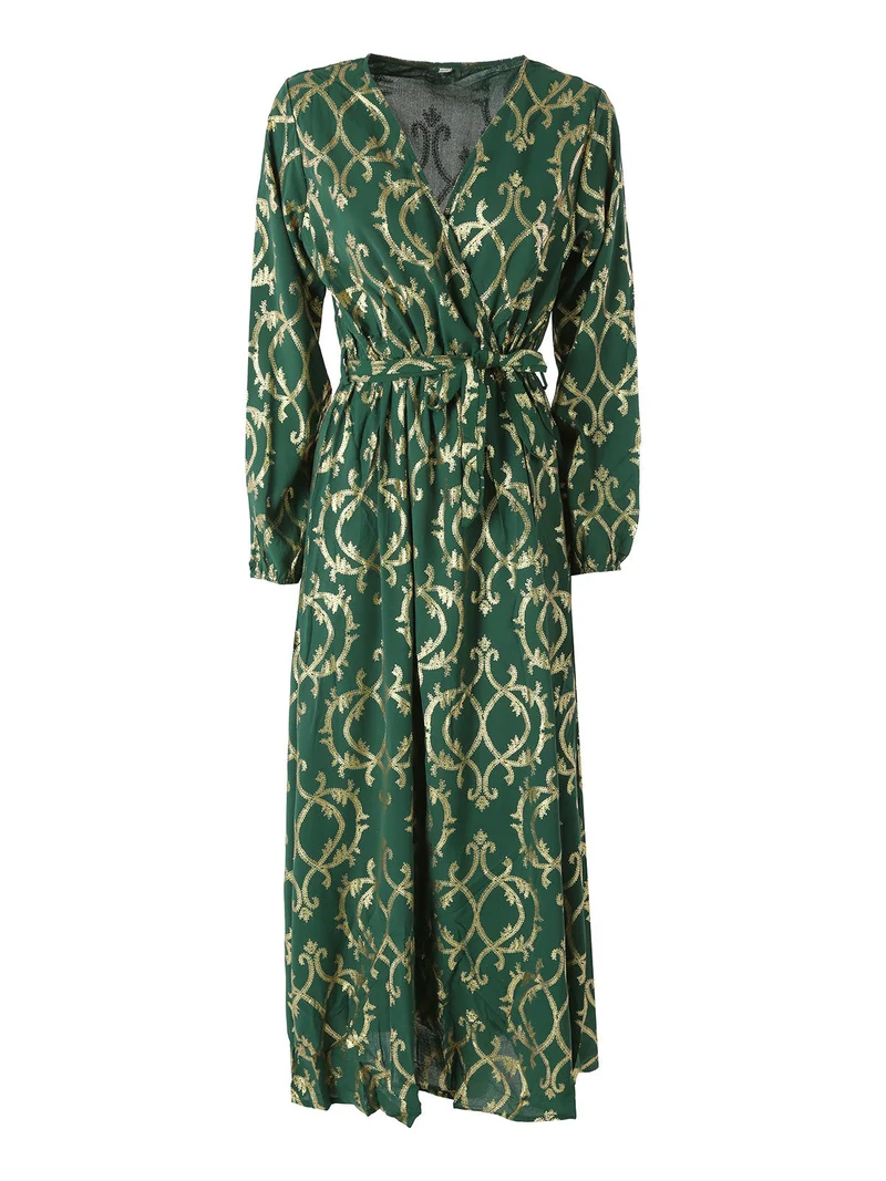 Abito lungo da donna a maniche lunghe con stampe e scollo a V - verde