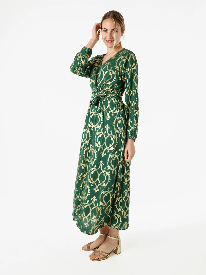 Abito lungo da donna a maniche lunghe con stampe e scollo a V - verde