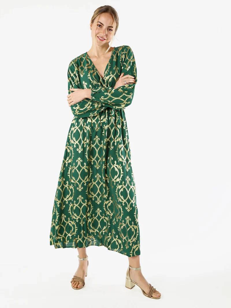 Abito lungo da donna a maniche lunghe con stampe e scollo a V - verde