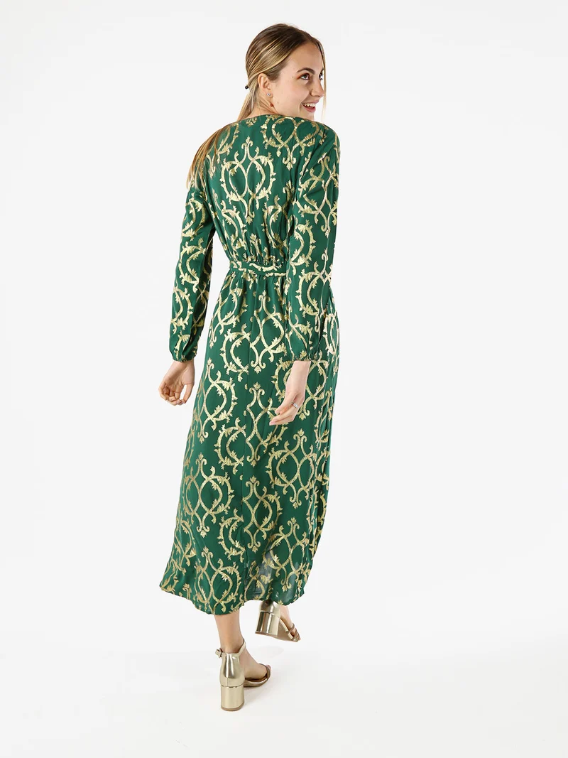 Abito lungo da donna a maniche lunghe con stampe e scollo a V - verde