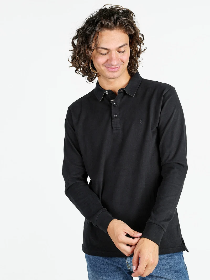 Polo da uomo in cotone a maniche lunghe - nero