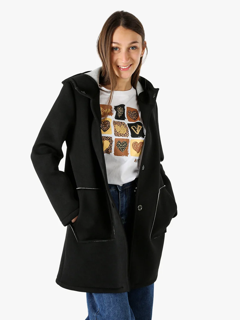 Cappotto da donna in panno con bottoni e cappuccio - nero