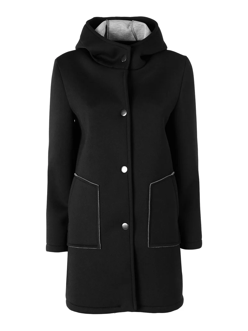 Cappotto da donna in panno con bottoni e cappuccio - nero