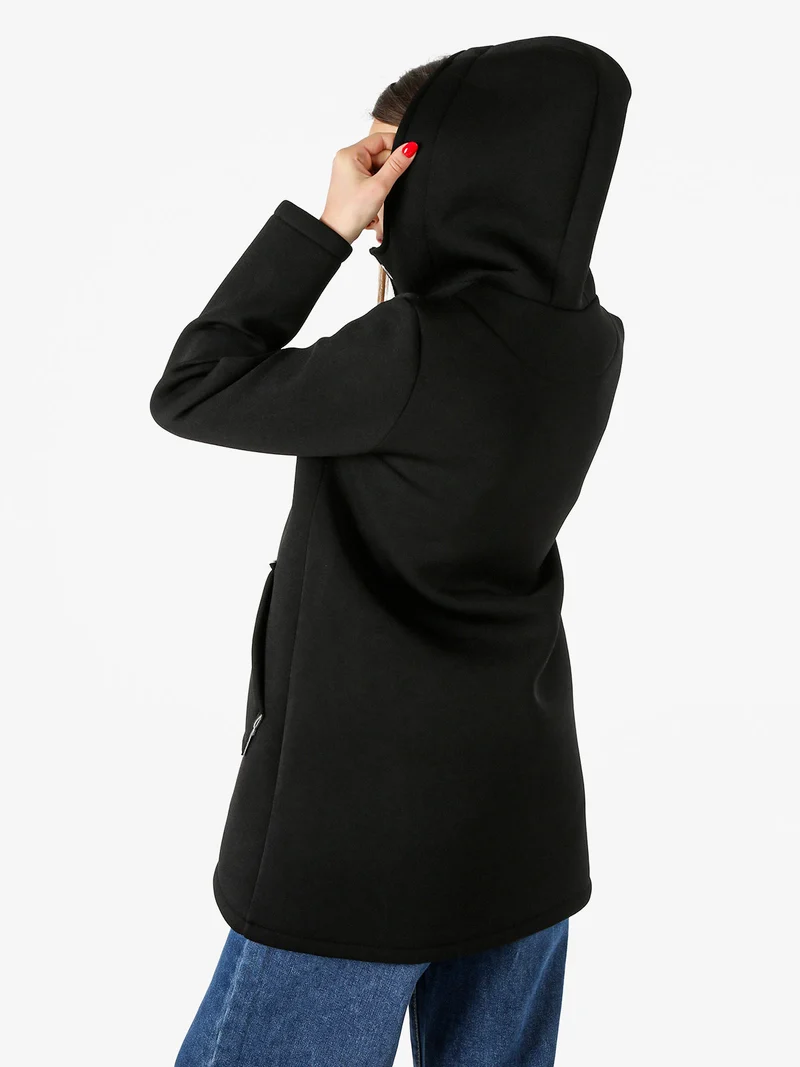 Cappotto da donna in panno con bottoni e cappuccio - nero