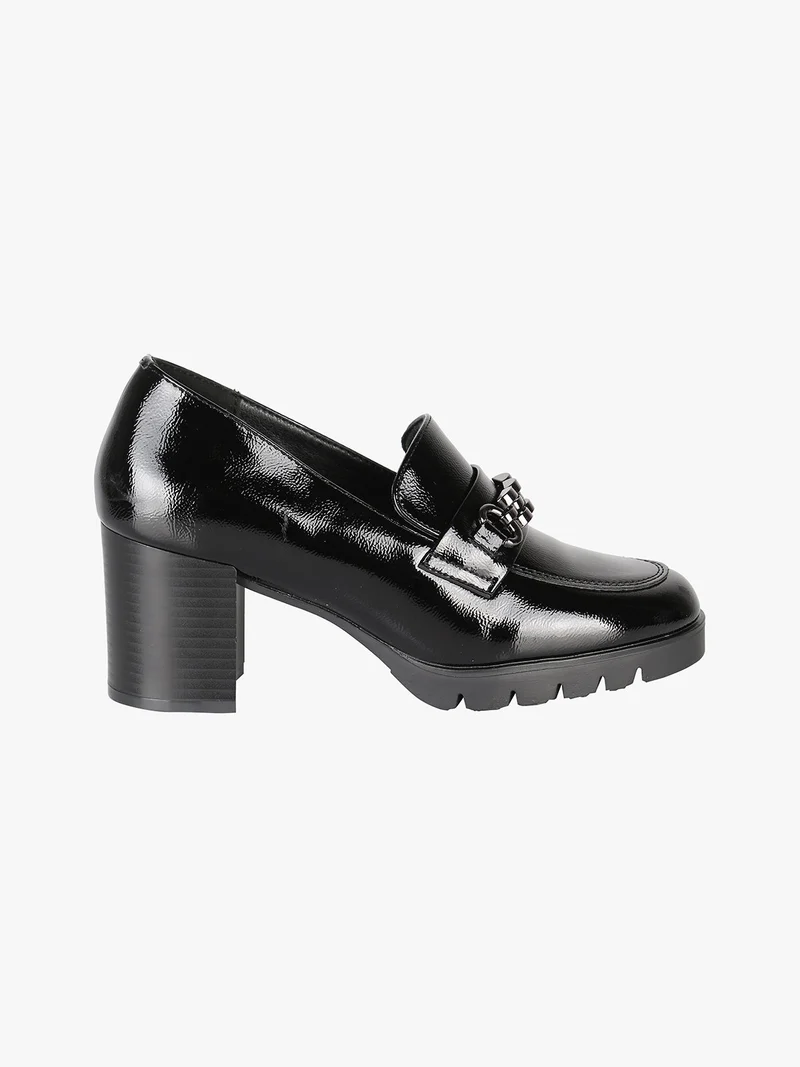 Mocassini donna lucidi con tacco - nero