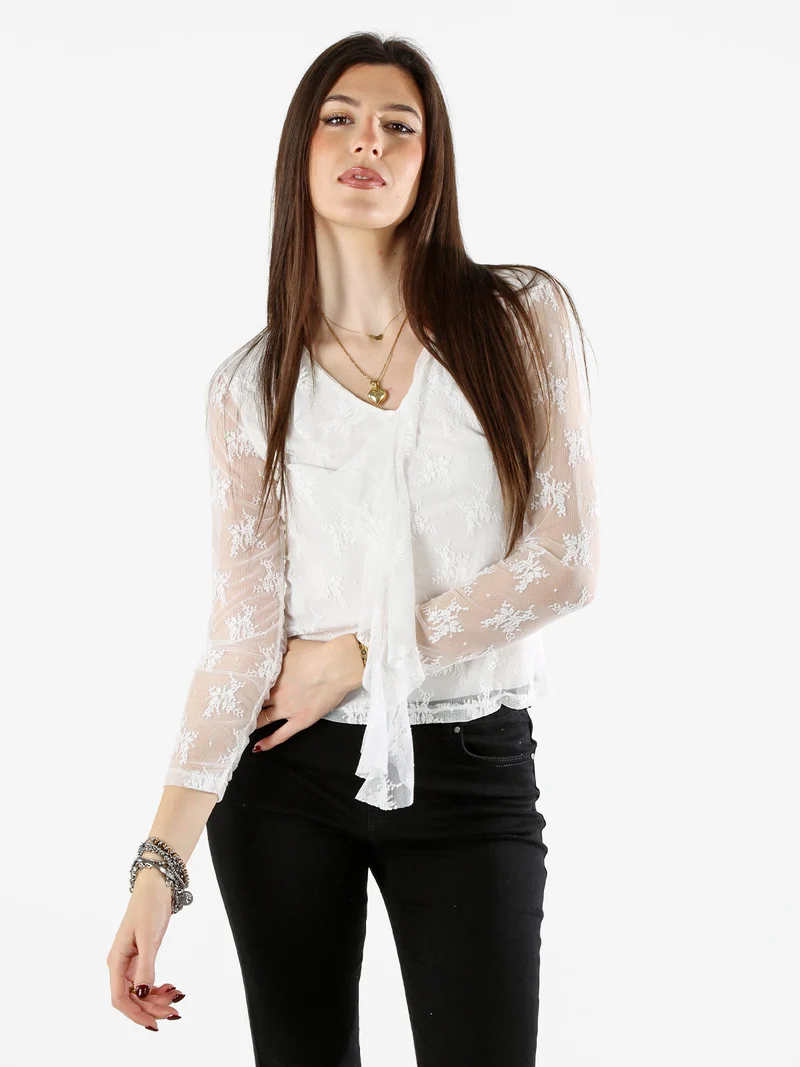 Camicetta in pizzo da donna con scollo V - bianco