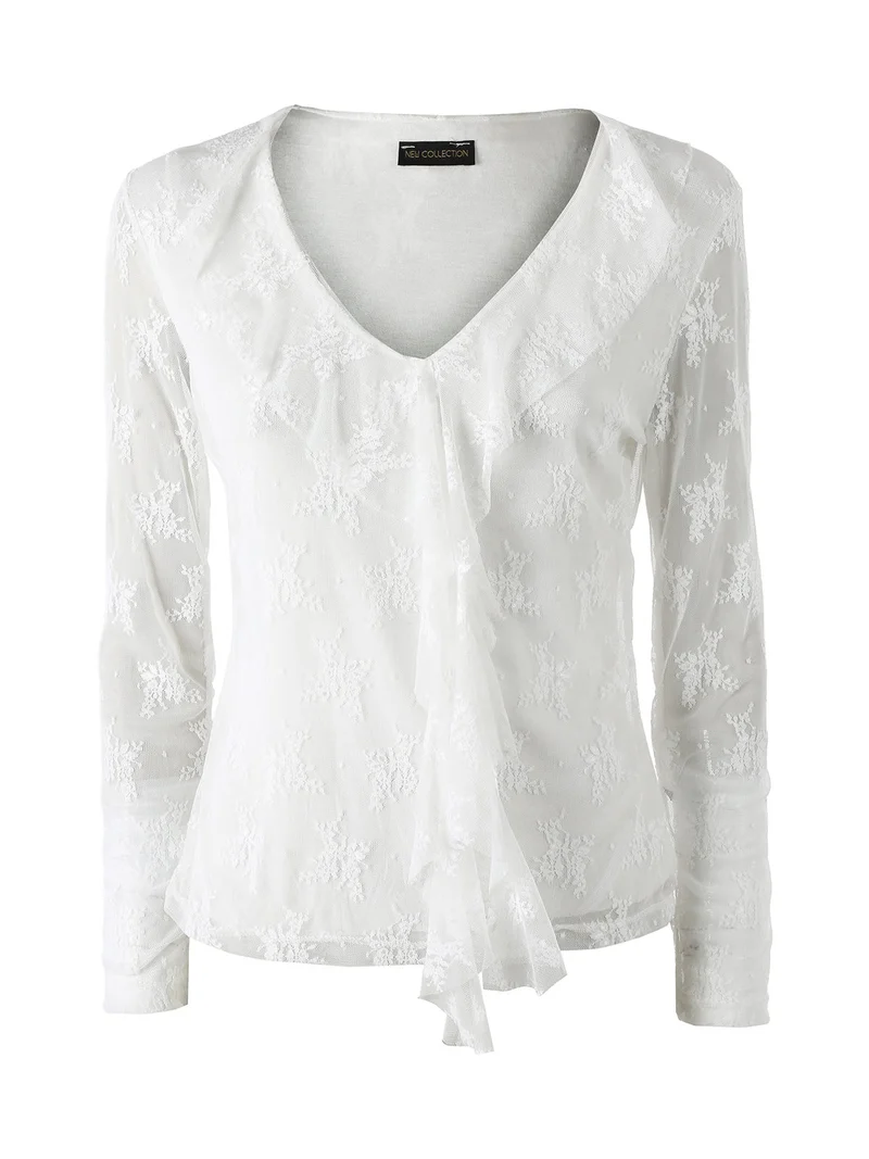 Camicetta in pizzo da donna con scollo V - bianco