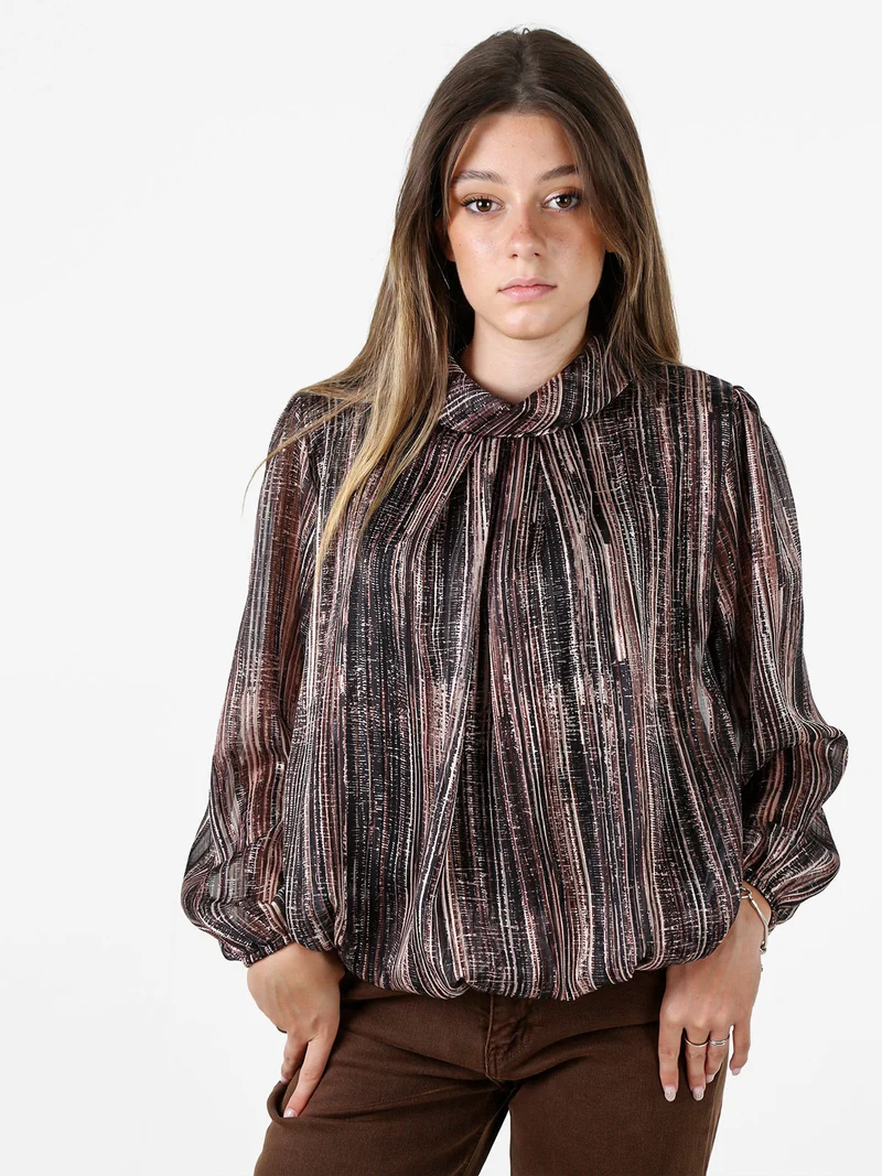 Blusa donna a fantasia con collo risvoltato e maniche lunghe a palloncino - nero