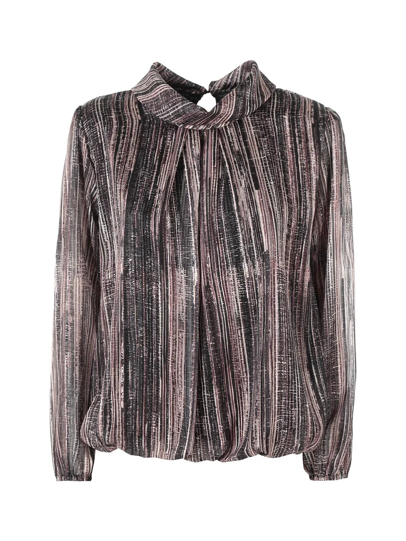 Blusa donna a fantasia con collo risvoltato e maniche lunghe a palloncino - nero