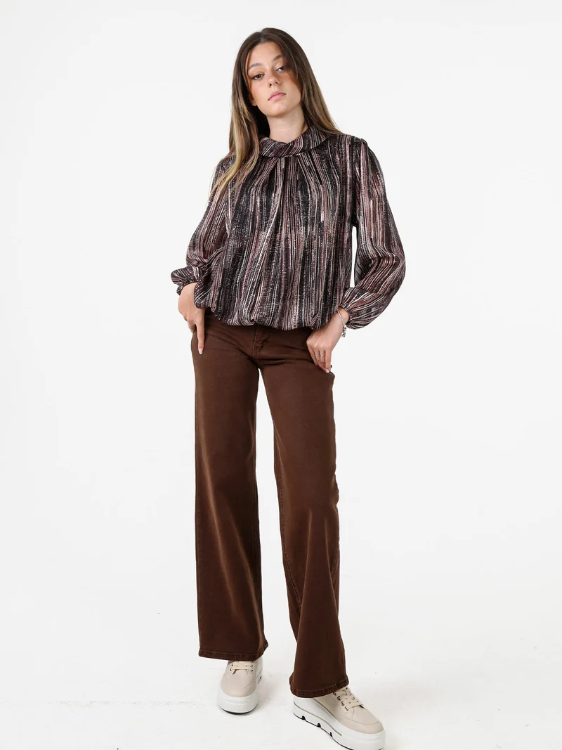 Blusa donna a fantasia con collo risvoltato e maniche lunghe a palloncino - nero