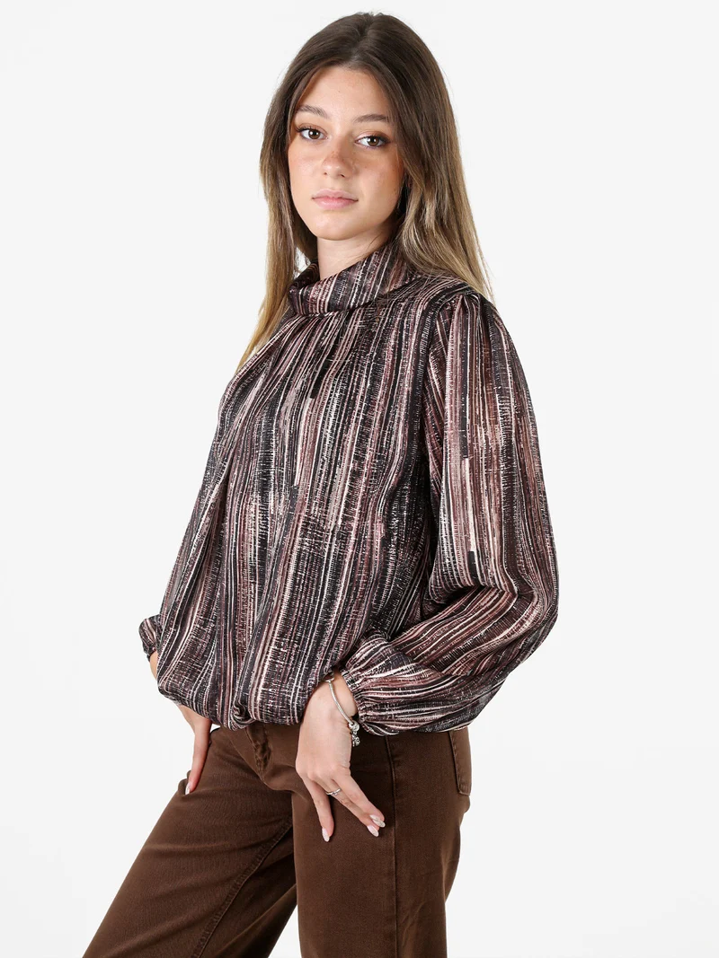 Blusa donna a fantasia con collo risvoltato e maniche lunghe a palloncino - nero