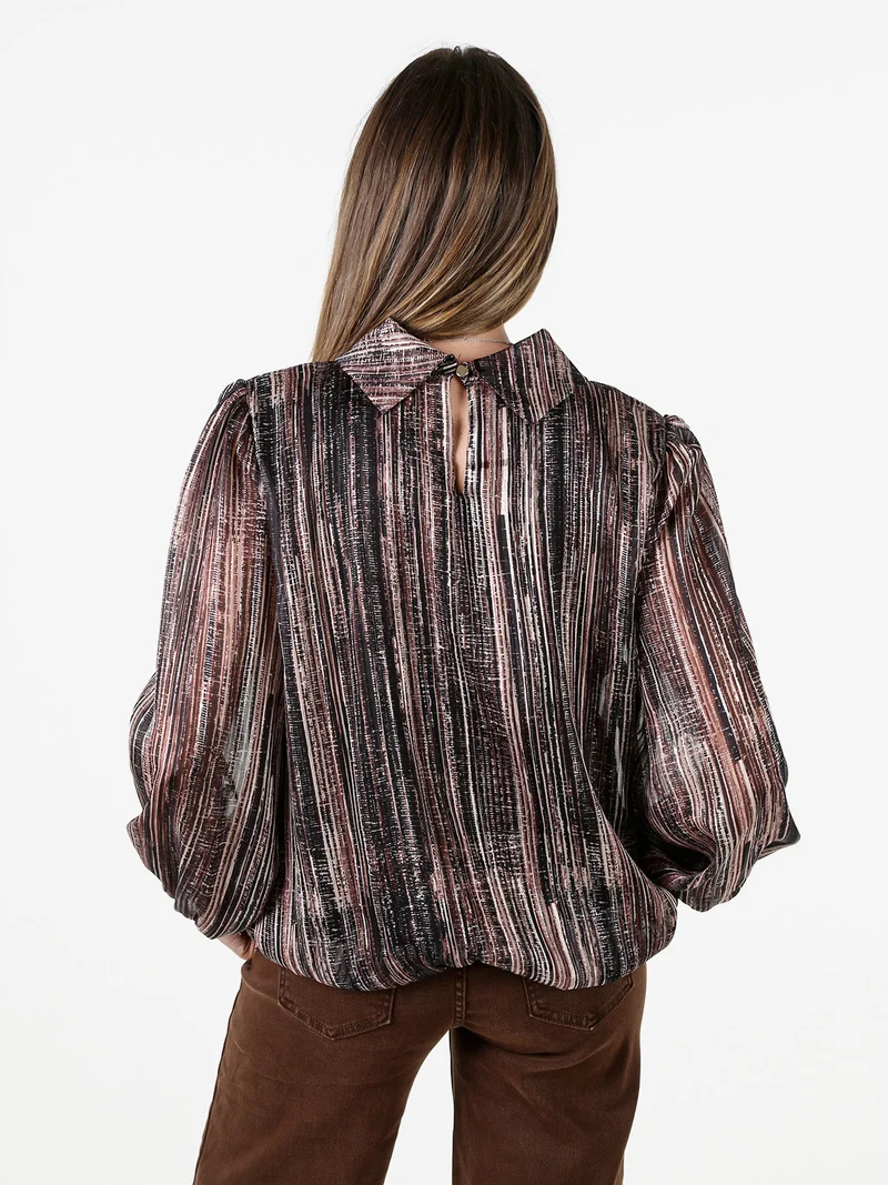 Blusa donna a fantasia con collo risvoltato e maniche lunghe a palloncino - nero