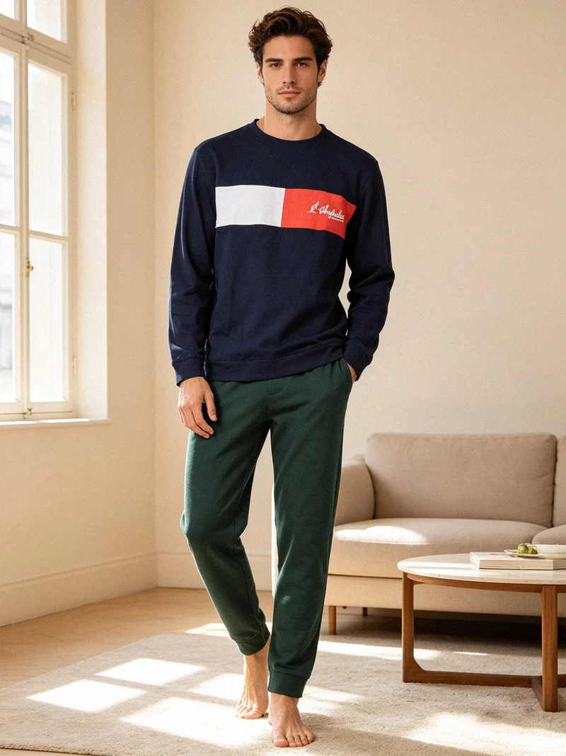 Pigiama lungo da uomo in cotone - blu scuro