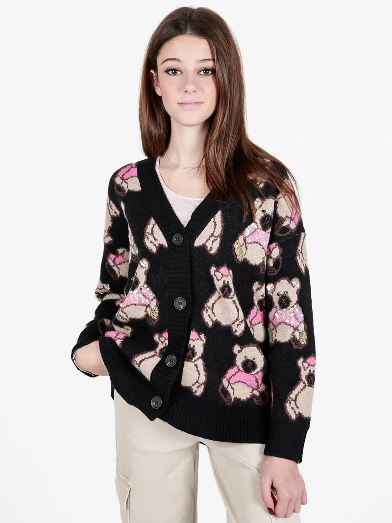 Cardigan in maglia oversize da donna stampa orsacchiotti - nero