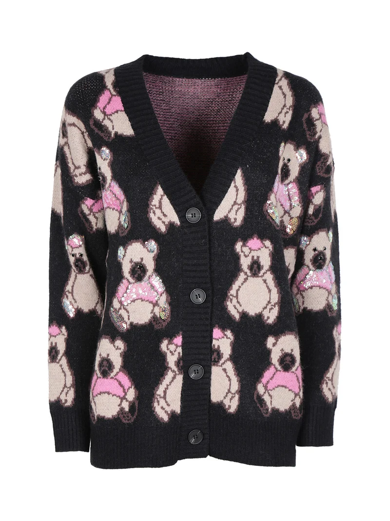 Cardigan in maglia oversize da donna stampa orsacchiotti - nero