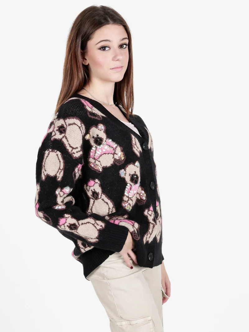 Cardigan in maglia oversize da donna stampa orsacchiotti - nero