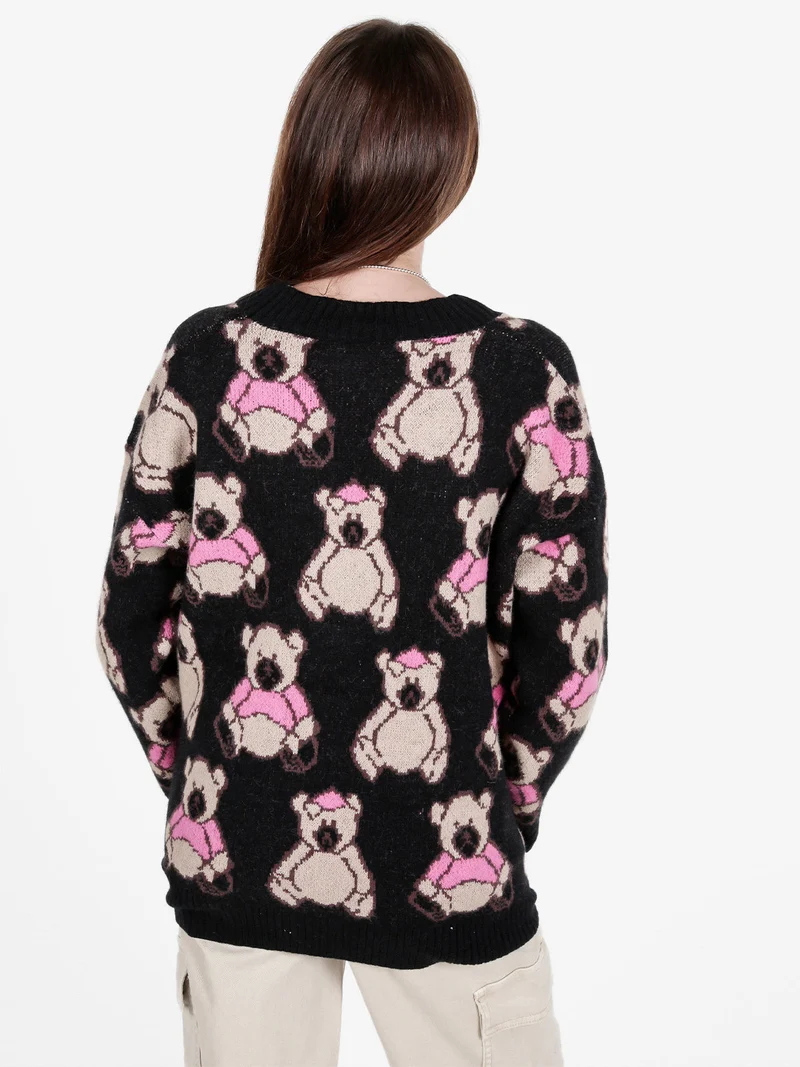 Cardigan in maglia oversize da donna stampa orsacchiotti - nero