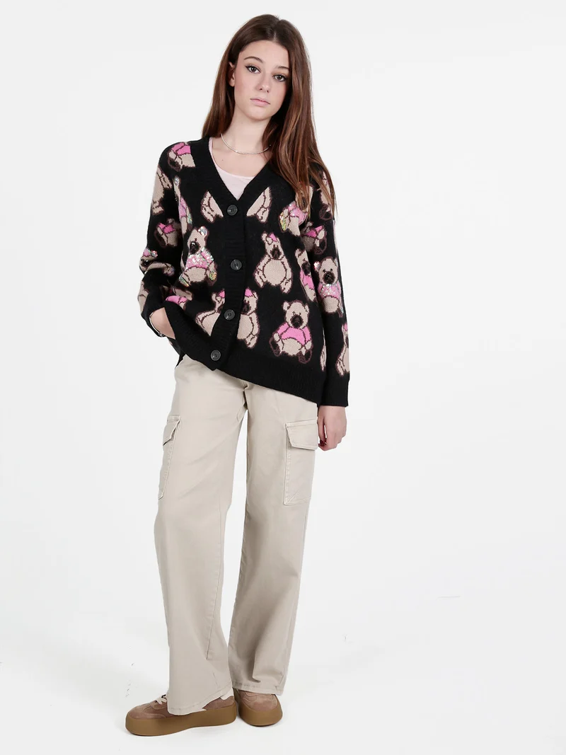 Cardigan in maglia oversize da donna stampa orsacchiotti - nero