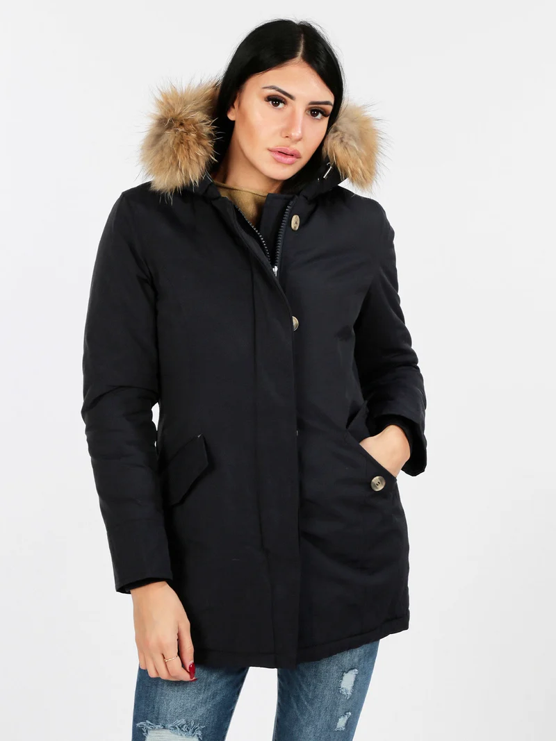 Giubbotto donna con cappuccio peloso - blu scuro