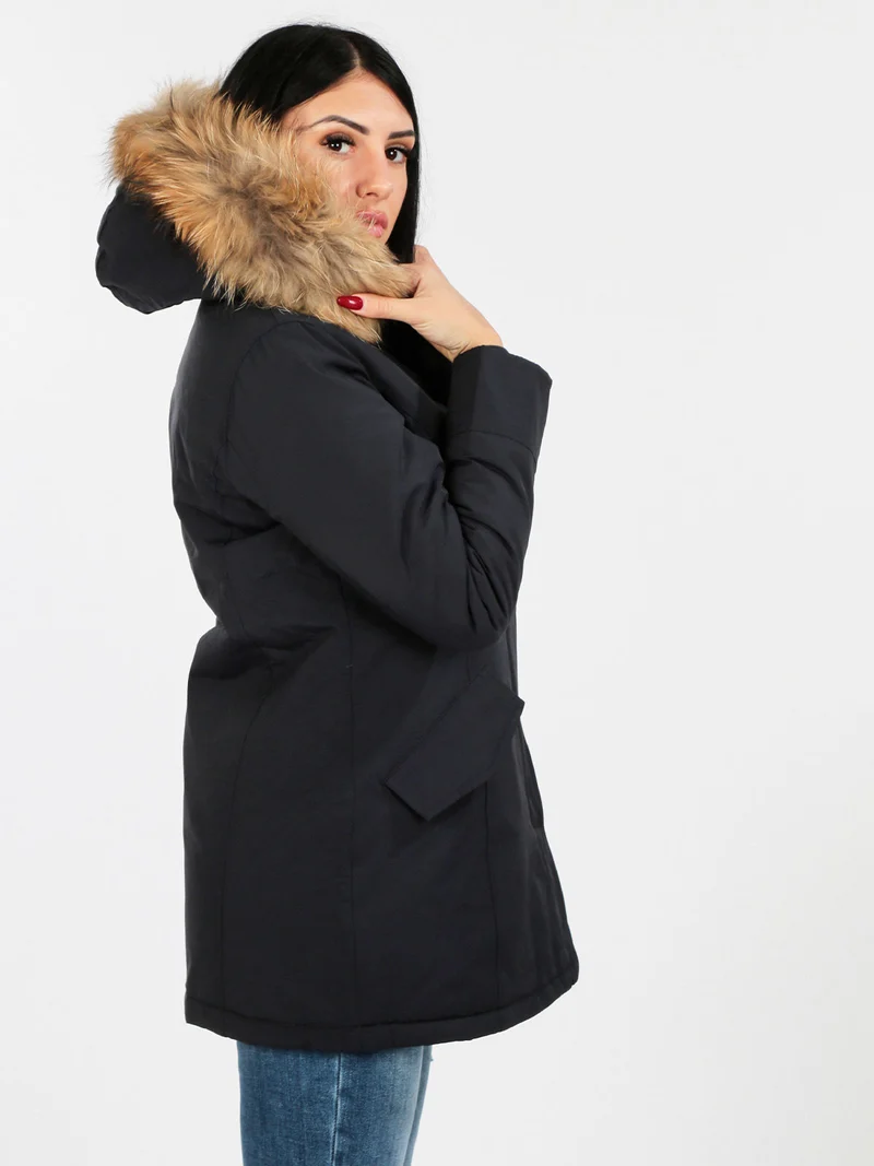 Giubbotto donna con cappuccio peloso - blu scuro