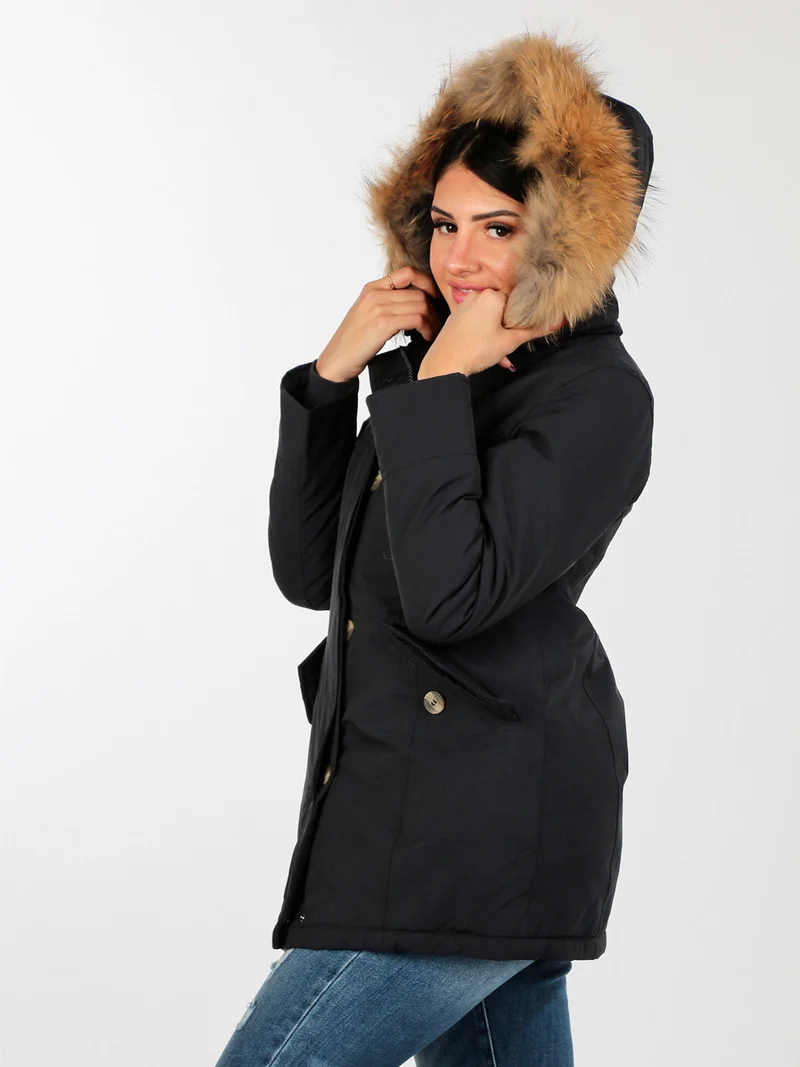 Giubbotto donna con cappuccio peloso - blu scuro