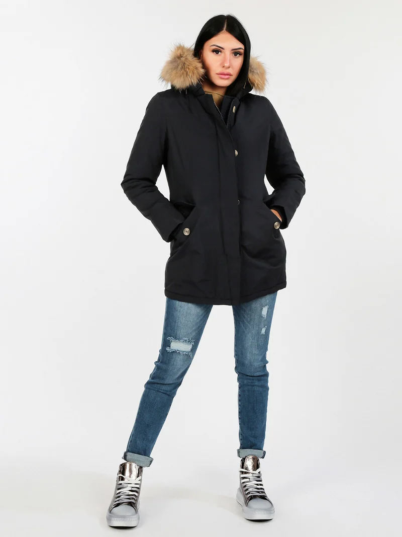 Giubbotto donna con cappuccio peloso - blu scuro