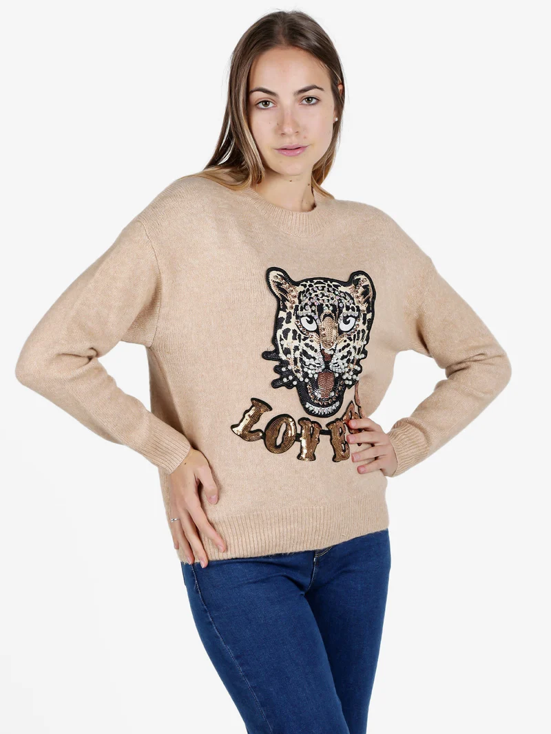 Maglione donna oversize con strass e pietre decorative - cammello