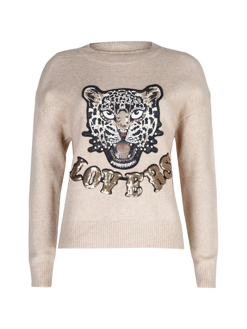 Maglione donna oversize con strass e pietre decorative - cammello