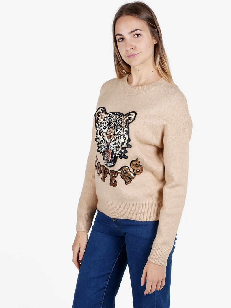 Maglione donna oversize con strass e pietre decorative - cammello