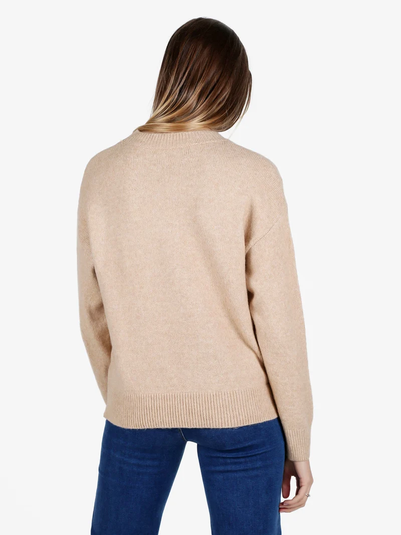 Maglione donna oversize con strass e pietre decorative - cammello