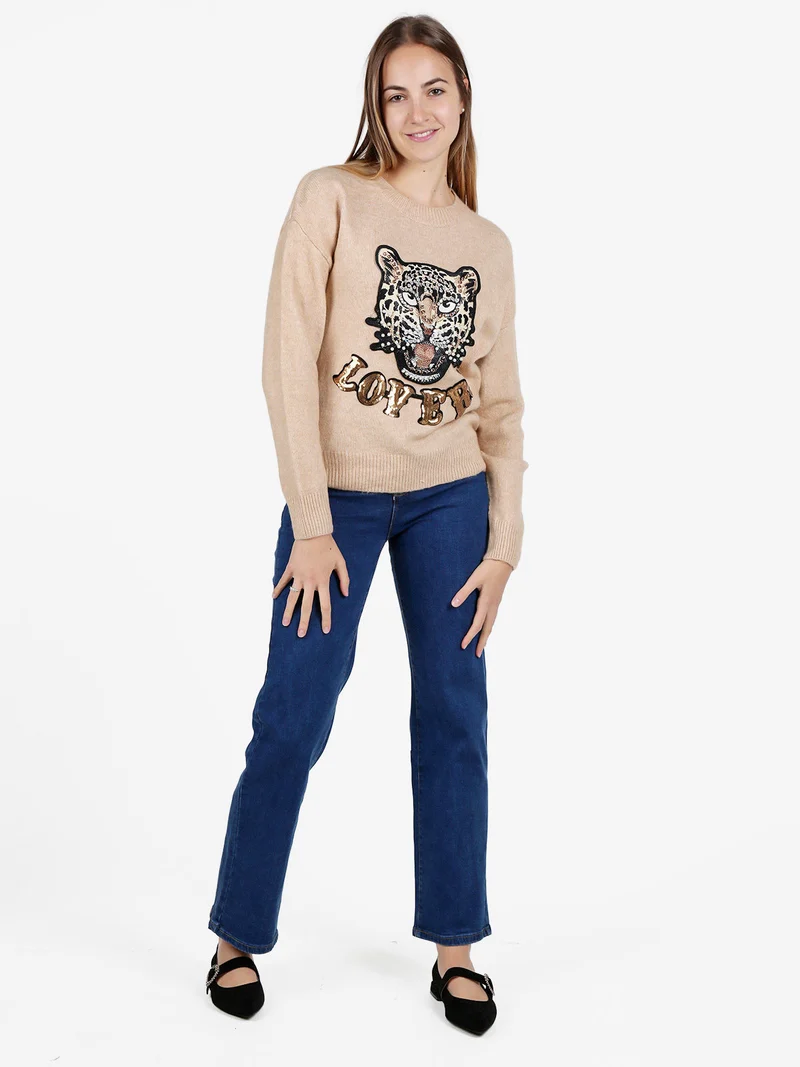 Maglione donna oversize con strass e pietre decorative - cammello