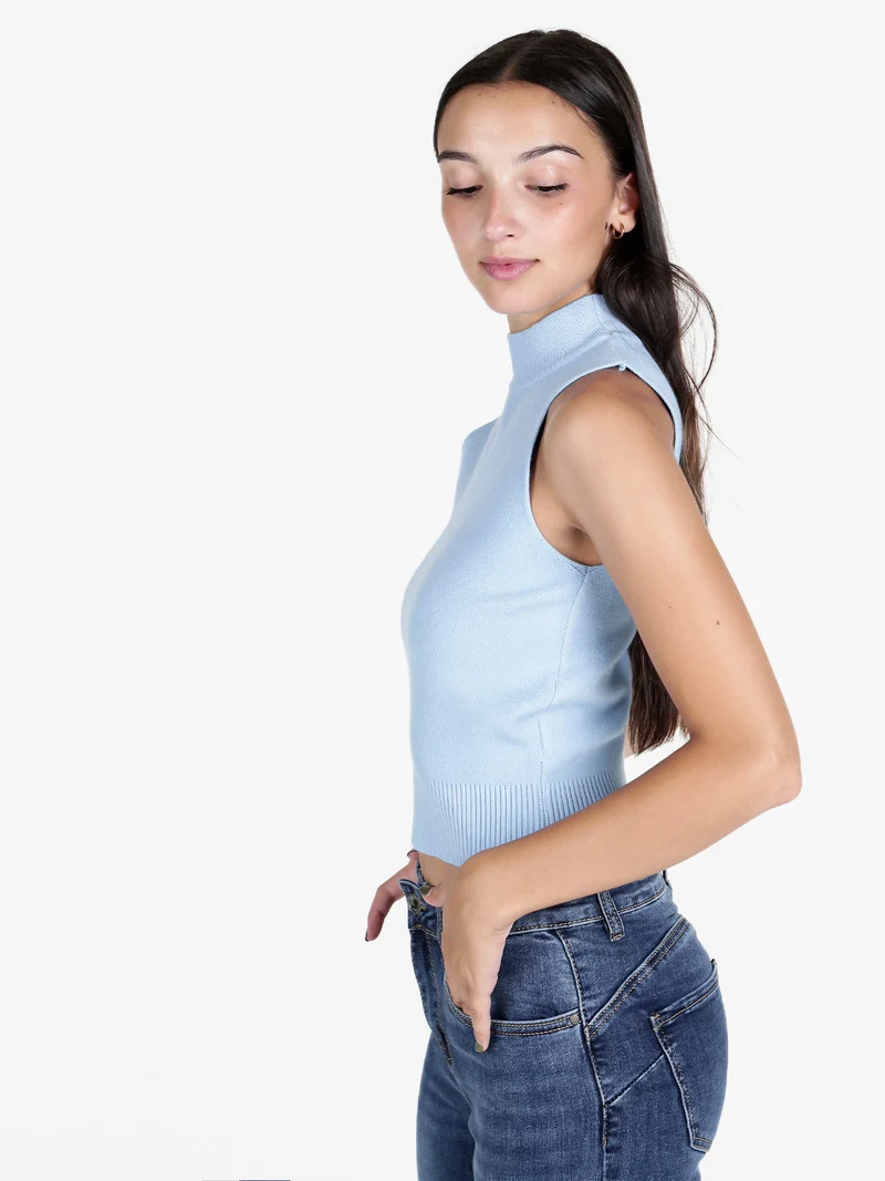 Top donna smanicato in maglia - blu