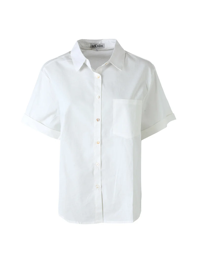 Camicia donna oversize a maniche corte con taschino - bianco